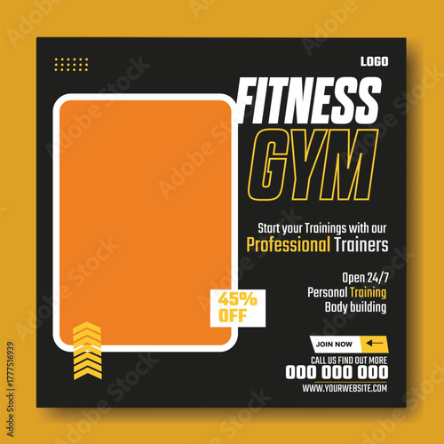 Muscular man holding dumbbell in fitness gym advertisement with green and white design and promotional offers.
Muscular man in gym with fitness promotion and discount offer for training services