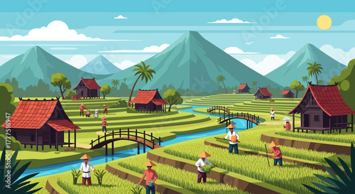Farmers working in traditional rice paddies.