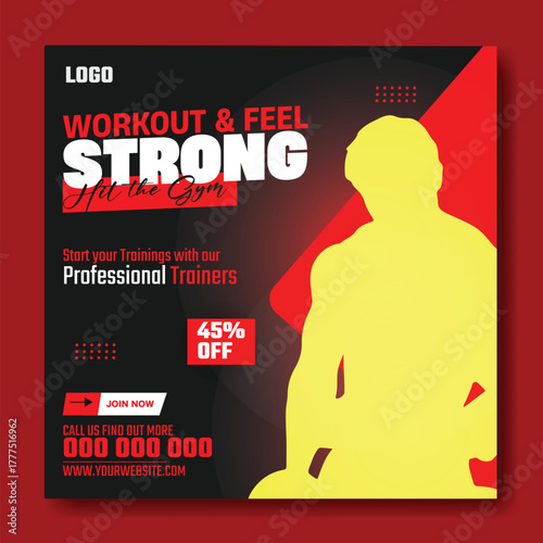 Muscular man holding dumbbell in fitness gym advertisement with green and white design and promotional offers.
Muscular man in gym with fitness promotion and discount offer for training services