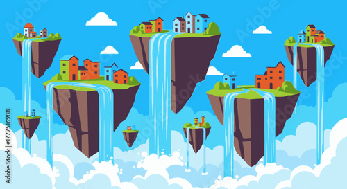 Floating Islands with Houses and Waterfalls in a Fantasy Landscape.
