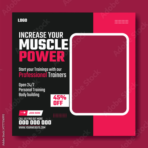 Muscular man holding dumbbell in fitness gym advertisement with green and white design and promotional offers.
Muscular man in gym with fitness promotion and discount offer for training services