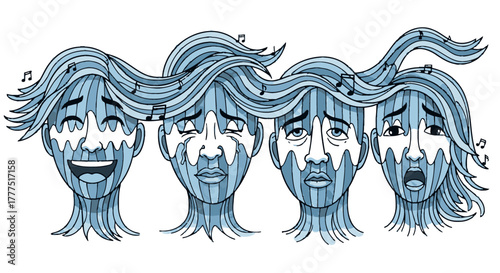 Four expressive faces depicting a range of emotions with musical notes.