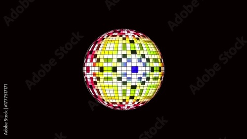 Red and yellow pixel globe with geometric light reflections, smooth rotation motion