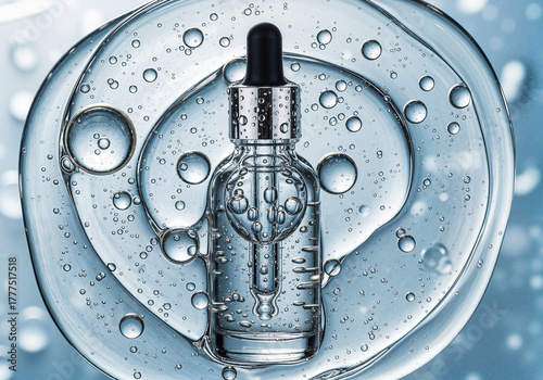 Hyaluronic acid booster serum bottle with water bubbles background
