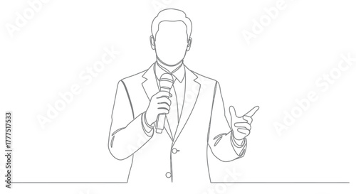 A man in a suit holds a microphone and gestures with his hand while speaking.