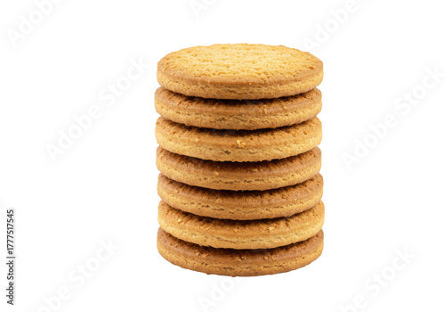 Isolated seven brown circular cookies stacked on top of each other on plain setting