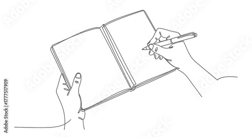 A person's hands hold an open notebook while another hand writes with a pen.