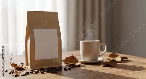 Blank Coffee Packaging, Steaming Cup, Scattered Beans and Autumn Leaves