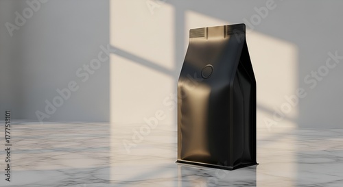 Modern Black Stand up Pouch on Marble Counter with Soft Window Light