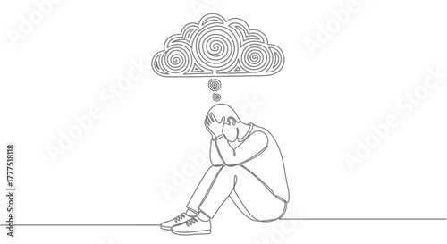 A person sits with their head in their hands, contemplating a cloud of swirling thoughts above them.