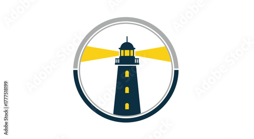 A stylized lighthouse shines its beams through a circular emblem.