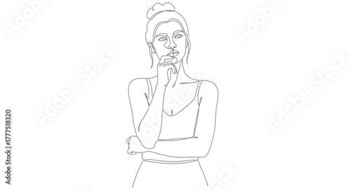 A woman contemplates with her hand on her chin in this outline drawing.