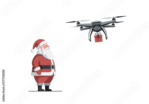 Santa Claus and Drone Delivering Christmas Gift.