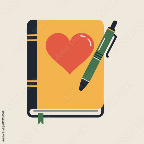 Journaling book with heart pen flat vector illustration on white background