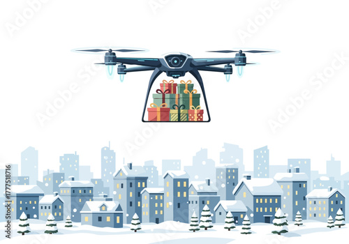 Drone Delivering Christmas Gifts Over Snowy Town Illustration.