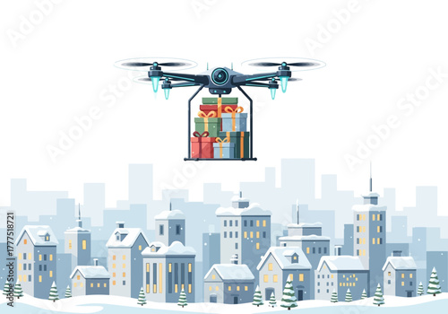 Drone Delivering Christmas Gifts Over Snowy Cityscape.