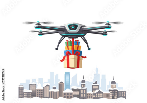 Drone Delivery of Gifts over Cityscape Illustration.
