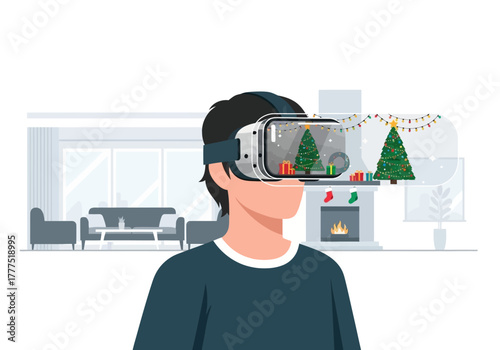Man Immersed in Virtual Christmas Scene with VR Headset.