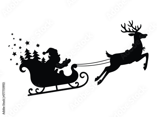 Santa Claus rides in his sleigh pulled by a reindeer across a starry sky.