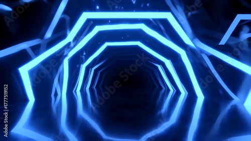 A futuristic tunnel with glowing blue geometric shapes, reflecting on a dark, glossy surface