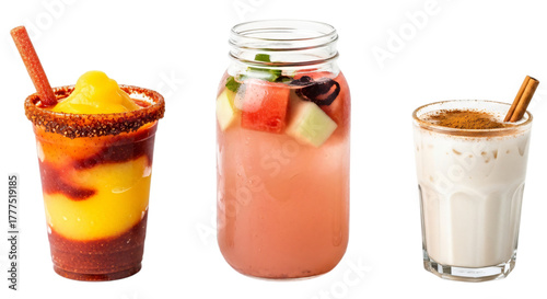 Three refreshing mexican drinks including a mango chamoyada, fruit infused water, and horchata isolated on transparent background