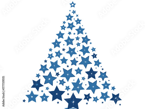 A Christmas tree is formed by many blue stars on a white background.
