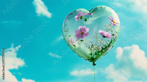A heart-shaped balloon floating in the blue sky, filled with flowers and water, symbolizing love for nature.