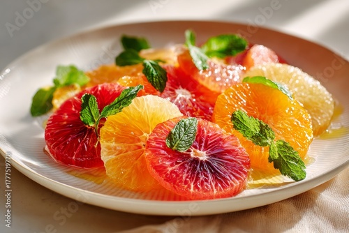 Winter Citrus Salad featuring vibrant oranges, grapefruits, blood oranges, and mint. Concept of bright colors and fresh flavors in a visually appealing arrangement.