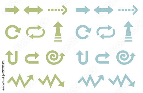 ナチュラルトーンの矢印アイコンセット　グリーンとくすみブルーのベクター素材