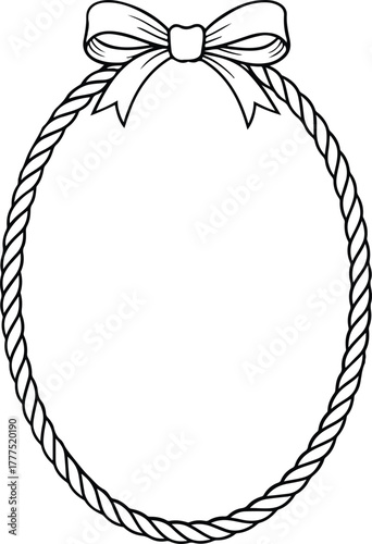 Oval rope ribbon bow vintage line art frame.