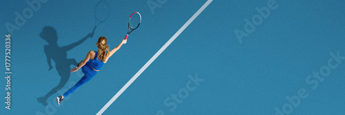 Bild auf Leinwand Female tennis player jumping reach forehand shot overhead view precision