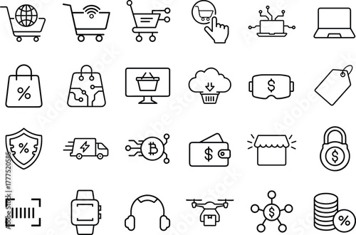 cyber Monday sale outline icons set vector illustration