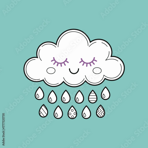 A delightful illustration of a smiling cloud with closed eyes and raindrops, presenting a whimsical blend of joy and nature, ideal for children's decorations or weather-themed content.
