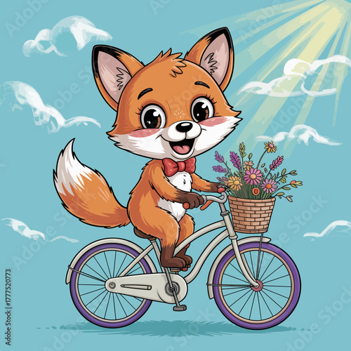 A cheerful cartoon fox riding a bicycle with a basket full of flowers, surrounded by a bright blue sky and fluffy clouds, showcasing joy and carefree adventure.