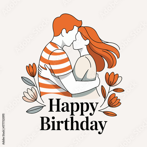 This vibrant illustration shows a couple sharing a romantic embrace to celebrate a birthday, symbolizing love, connection, and the joy of celebrating life's special moments together.