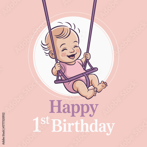 The image showcases a happy baby girl on a swing, celebrating her first-year milestone with joy and laughter, making it an ideal decoration for birthday events.