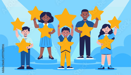 A group of five cheerful children standing on podiums, each holding a large star, celebrating achievements with joyful expressions in a colorful, vibrant setting.
