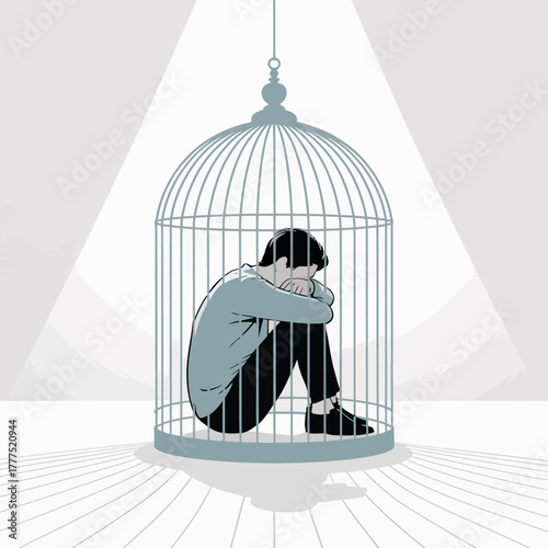 A solitary figure sits curled up in a birdcage, symbolizing confinement and emotional distress, evoking feelings of loneliness and the quest for freedom.