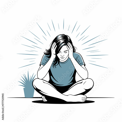 This striking image features a girl in a meditative pose with hands on her head, radiating energy, signifying mental struggle, mindfulness, and the pursuit of inner peace amidst chaos.