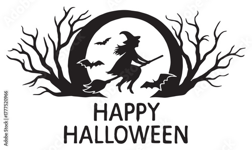 Halloween Night Silhouette – Witch Flying Over Moon Vector for Spooky Holiday Designs