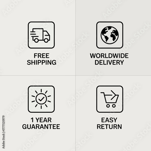 This image showcases four essential service icons including free shipping, worldwide delivery, a one-year guarantee, and an easy return policy for e-commerce.