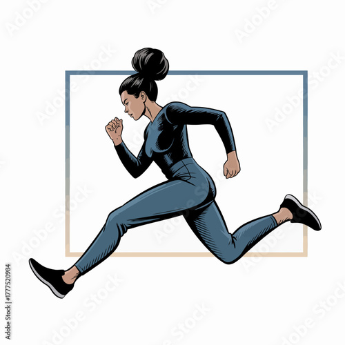 A woman in athletic wear demonstrates a dynamic running motion, showcasing strength, agility, and determination captured in a visually striking style emphasizing movement.