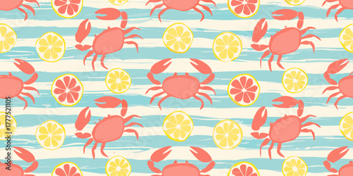 Seamless pattern featuring cute coral crabs and citrus fruit slices on a blue striped background