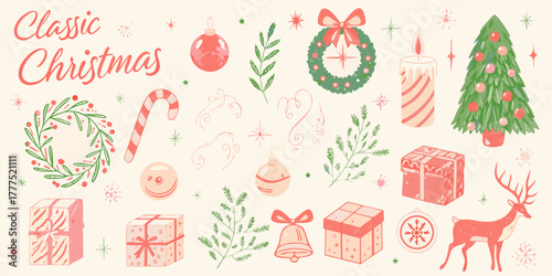 Classic christmas elements collection featuring ornaments wreaths gifts and a deer