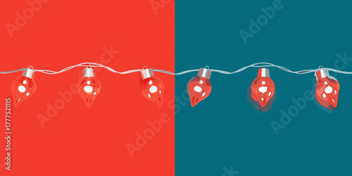 String of red christmas lights with white polka dots on a split red and teal background