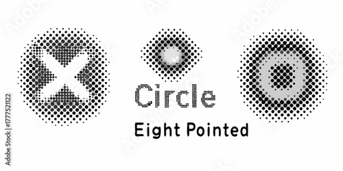 Abstract halftone dot patterns featuring an x shape a circle and the words circle eight pointed