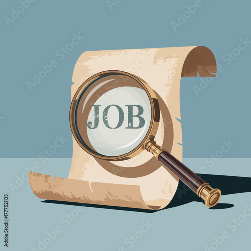 An illustration of a magnifying glass positioned over a scroll emphasizing a job opportunity, symbolizing job search, analysis, and the pursuit of a fulfilling career.