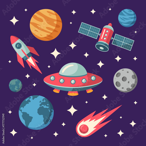 An imaginative depiction of outer space, featuring rockets, planets, satellites, and comets set against a dark backdrop filled with sparkling stars and cosmic elements.
