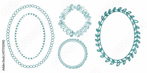 Collection of decorative teal frames and borders with floral and pearl elements on a white background