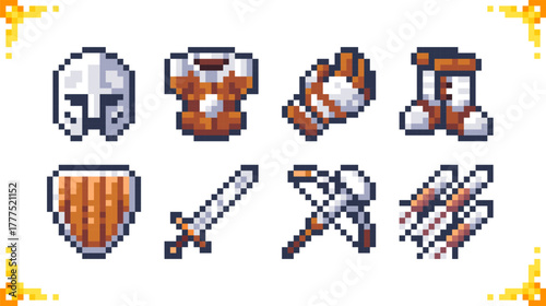Pixel art icons of weapons and armor for RPG games. Helmet, Shield, Sword, Crossbow, boots, gloves, crossbow bolts. 16x16 pixels.